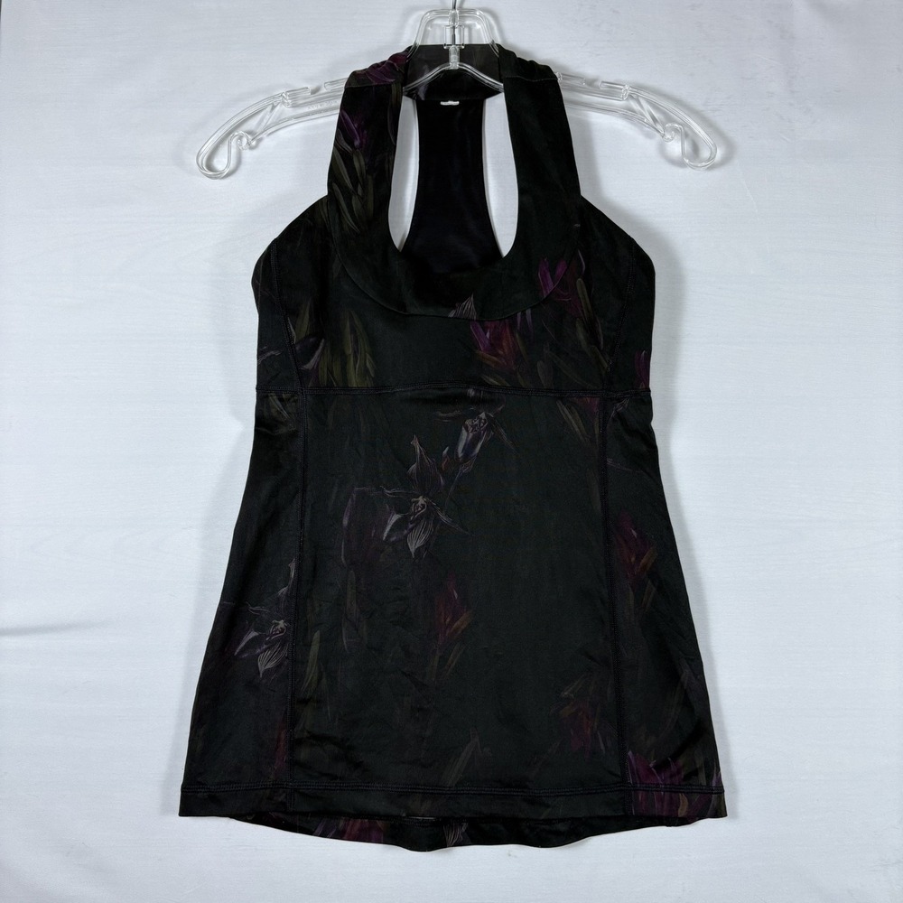 Lululemon Racerback Tank Top Floral Cowl Neck Built In Bra Black Purple Yoga